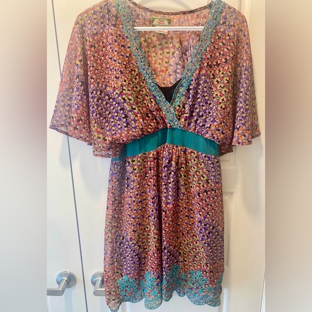 FLYING TOMATO - BOHO Purple & Green Floral Mini Dress w Embroidery